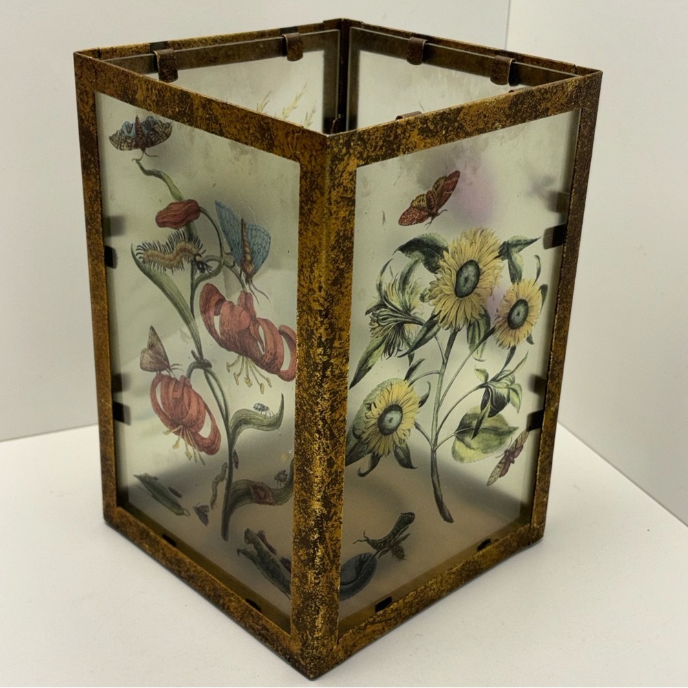 Vintage glass and metal candleholder with botanical illustrations